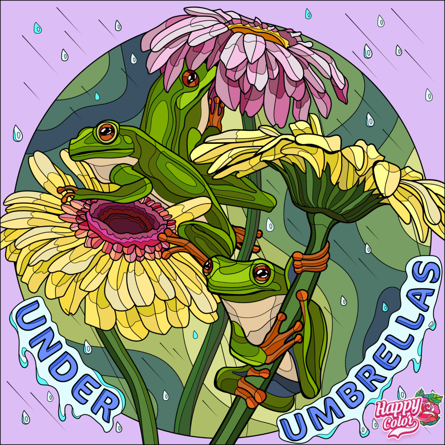 Frogs sheltering under flowers in the rain ​