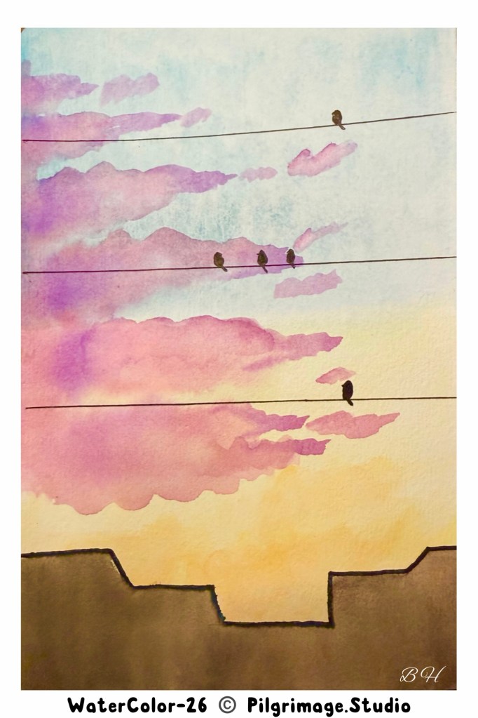 Watercolor sunrise with birds 